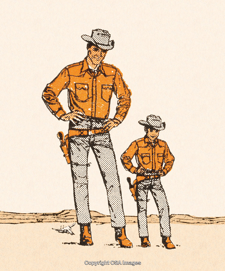 Stylized Comic Illustration of Cowboy and Miniature Partner in Western Desert