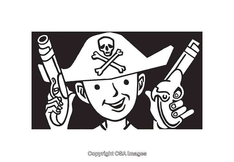 Black and White Cartoon Pirate Illustration with Pistols