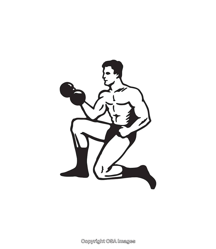 Black and White Line Art of Man Performing Kettlebell Exercise