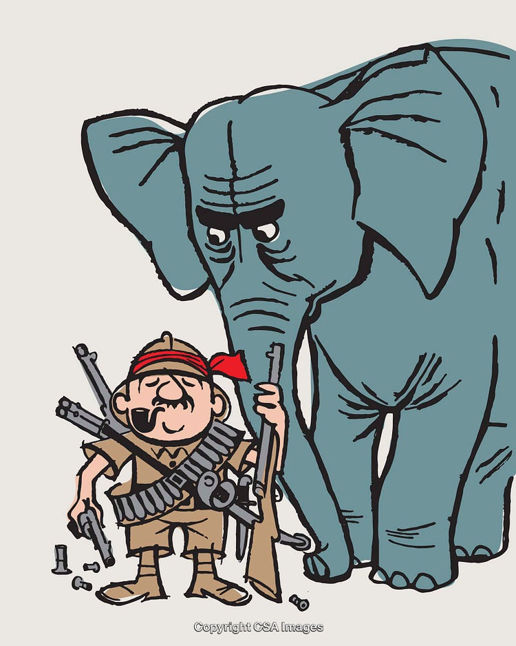 Funny Cartoon Featuring Hunter and Elephant in Humorous Interaction