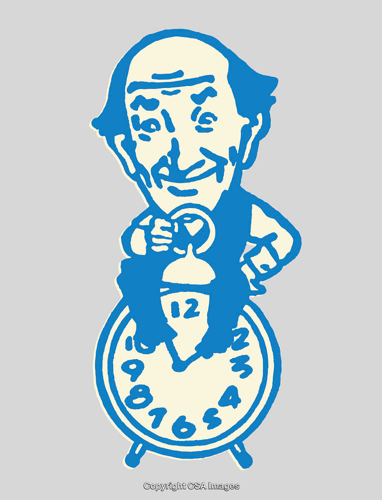 Vintage Cartoon Illustration Featuring a Character Sitting on a Clock