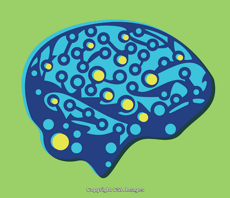 Abstract Brain Illustration with Neural Network Patterns in Blue and Green