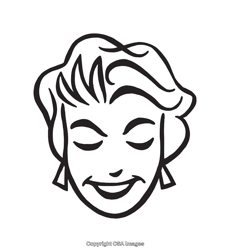 Black and White Line Art Depicting Smiling Woman with Retro Hairstyle