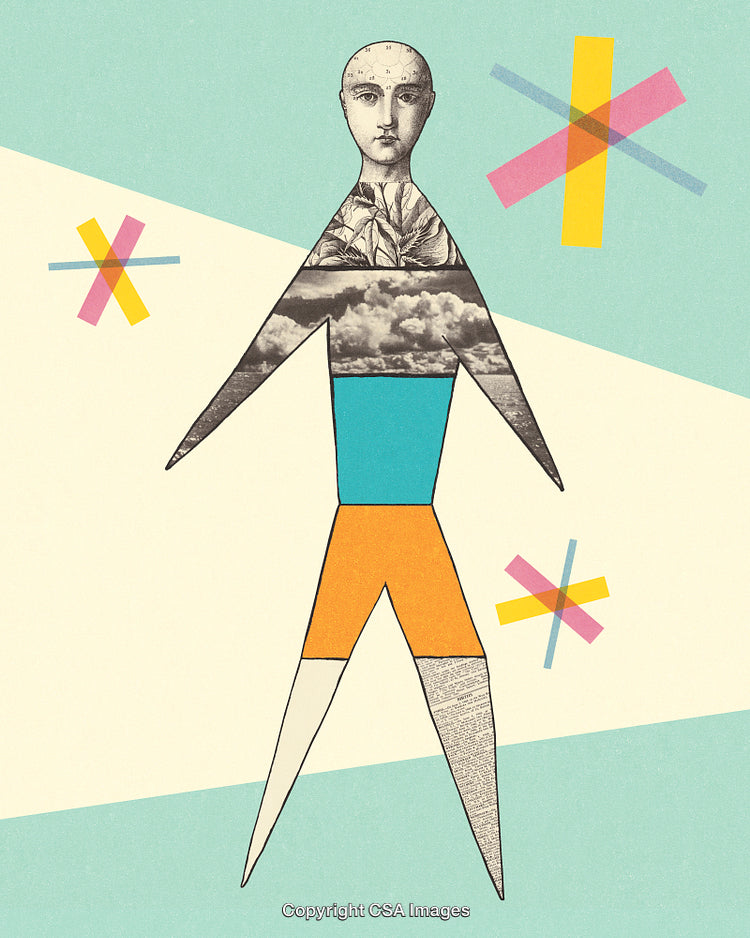 Abstract Collage Depicting a Stylized Figure with Mixed Artistic Elements