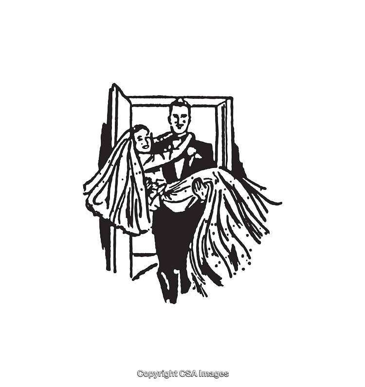 Classic Line Art Illustration of Groom Carrying Bride Cross Threshold