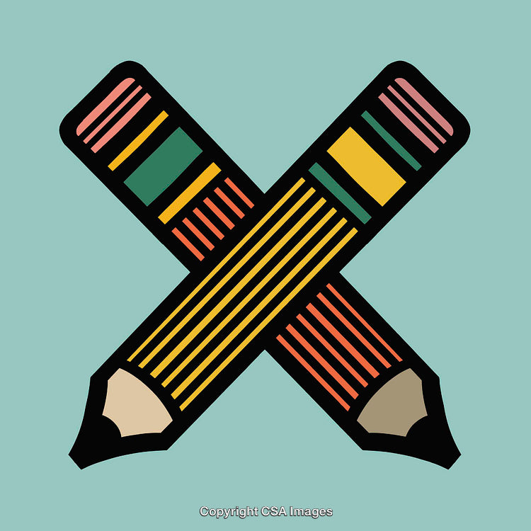 Colorful Line Art of Crossed Pencils on a Teal Background
