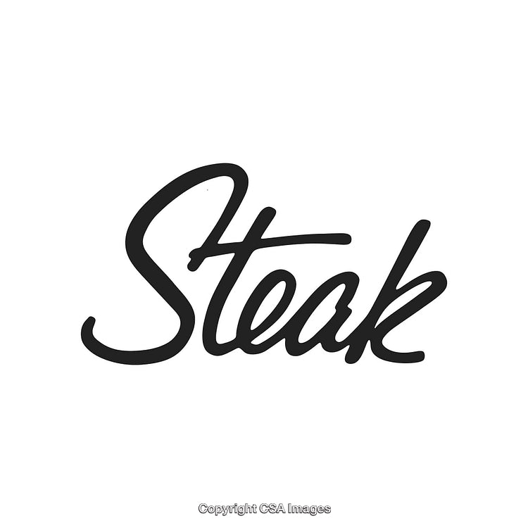 Stylized Script Lettering Spelling the Word Steak on a White Background
