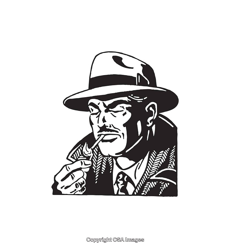 Vintage Line Art of Man Smoking Pipe with Serious Expression