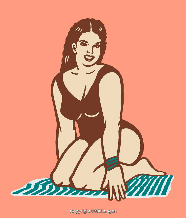 Colorful Illustrated Woman Sitting on a Beach Towel in a Black Swimsuit