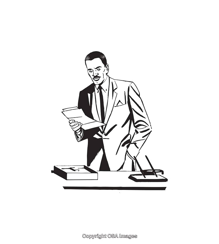 Vintage Illustration of a Businessman Holding Documents While Standing at Desk
