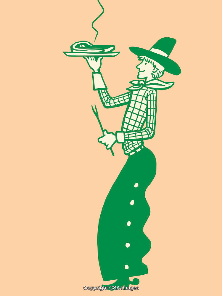 Western Themed Line Art Illustration with Cowboy Serving Food