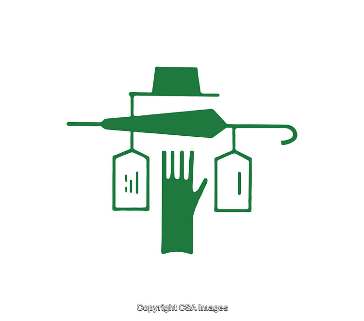 Green Icon Depicting Stylish Hat, Hand, and Tags Design Elements