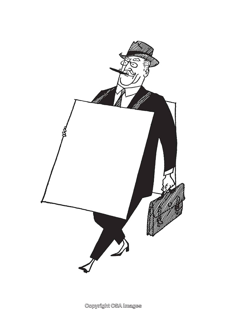 Black and White Line Art Cartoon of a Businessman with a Cigar