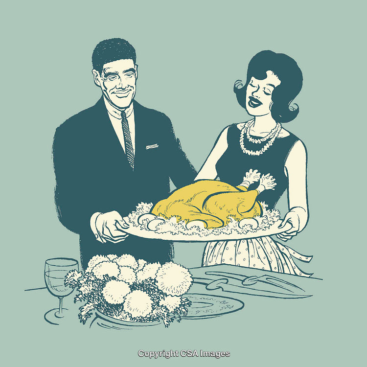 Couple Holding Platter with Roasted Turkey and Festive Dinner Table Setting
