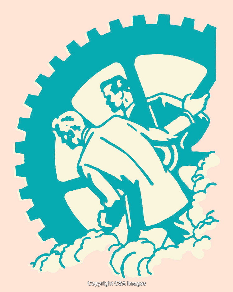Retro Styled Illustration of Workers in Gear Motif Symbolizing Industry