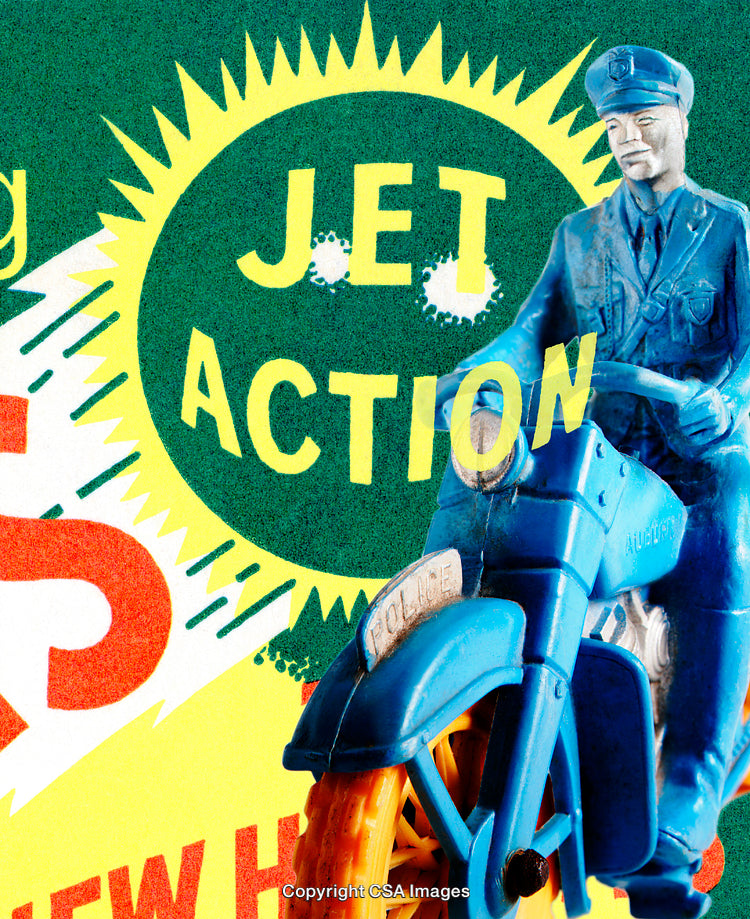 Retro Police Toy Figure on Colorful Vintage Graphic Background