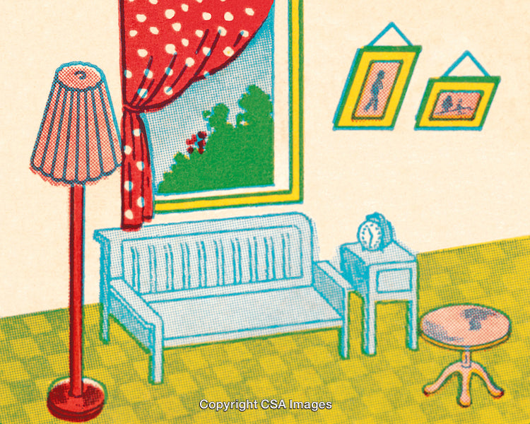Retro Illustration of a Cozy Living Room Interior with Decorative Elements