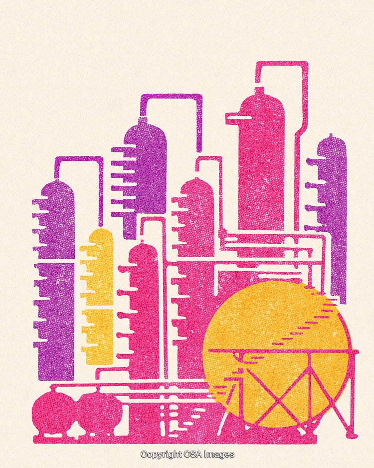 Colorful Industrial Facility Graphic with Abstract Tanks and Pipes