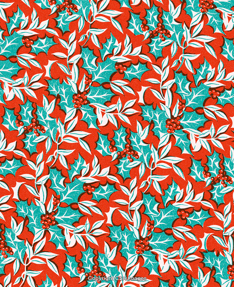 Festive Holly Leaves and Berries Pattern in Vibrant Red and Green