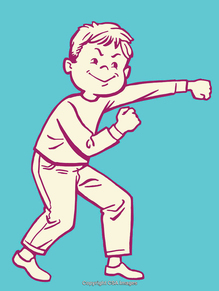 Playful Boy Punching in Colorful Line Art Illustration