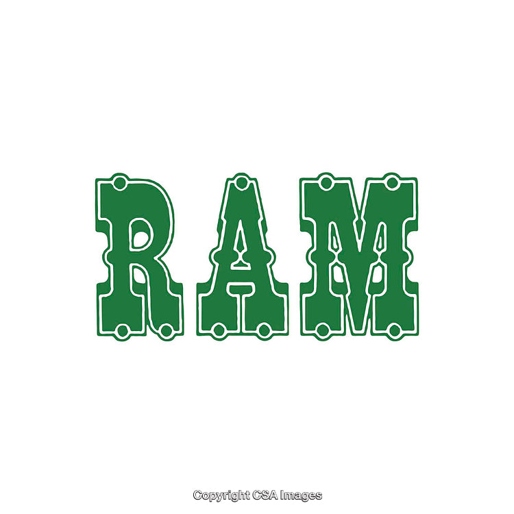 Retro Green Decorative Stenciled 'RAM' Text on White Background