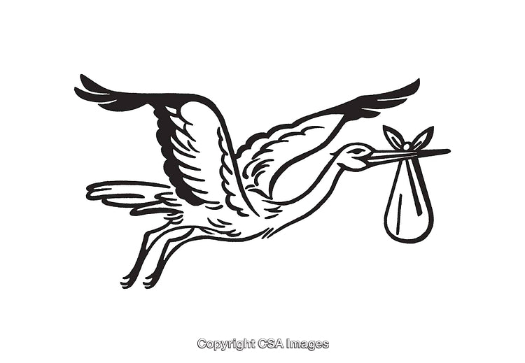 Black and White Illustration of a Stork Carrying a Bundle