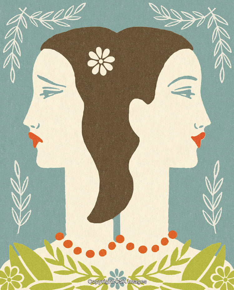 Illustration of Two-Tone Artistic Portrait of Women with Leafy Background