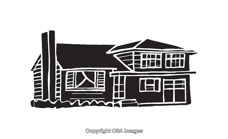Black and White Line Art Illustration of a Two-Story Residential House