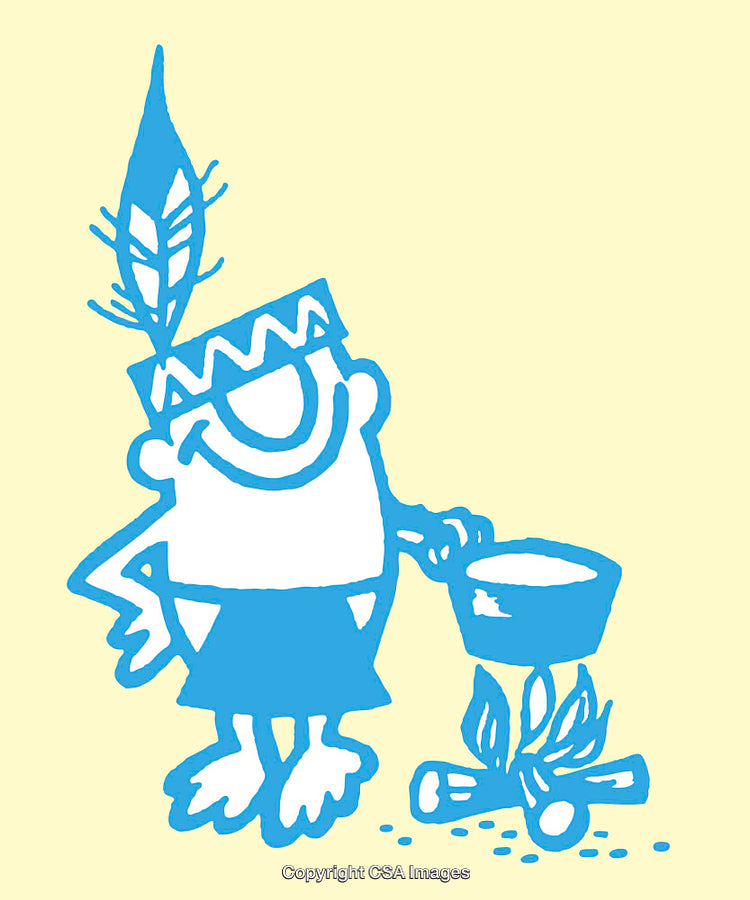 Blue Outline Illustration of a Cheerful Character With Feathered Hat and Campfire