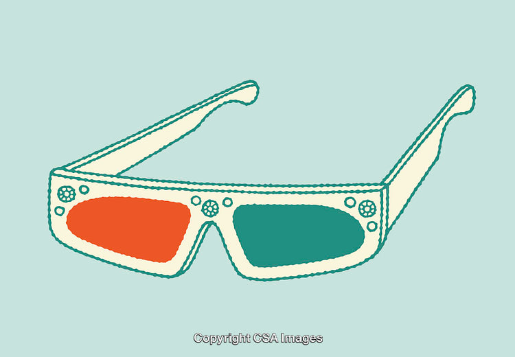 Colorful Line Art Illustration of Retro 3D Glasses Isolated on Blue Background