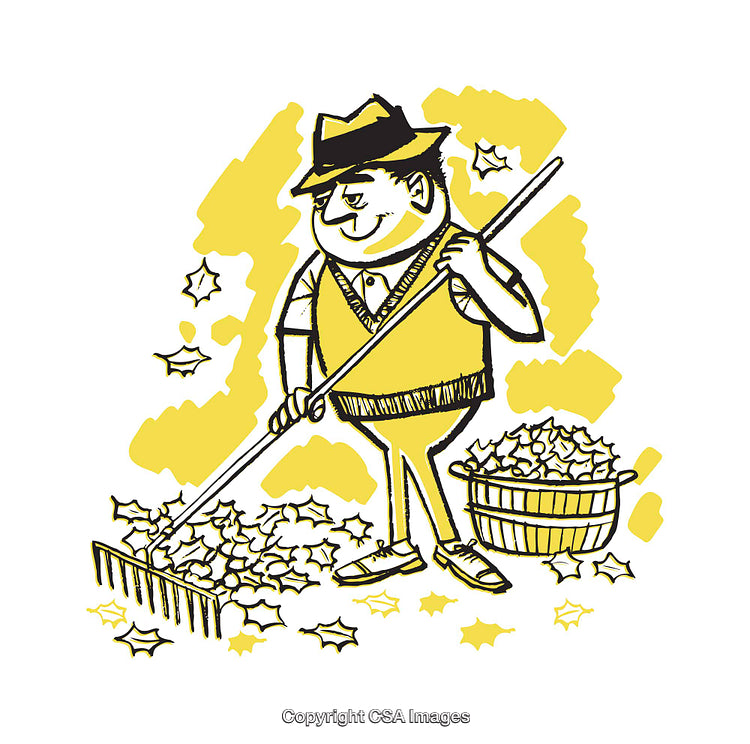 Hand-Drawn Illustration of Man Raking Leaves in a Garden Setting