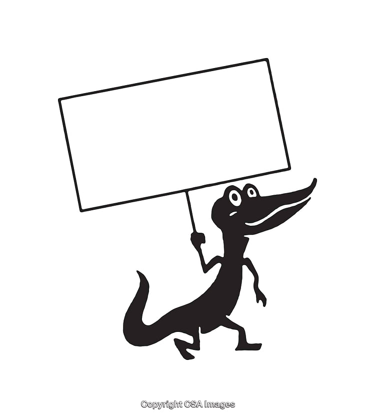 Black And White Line Art of Alligator Holding a Blank Sign