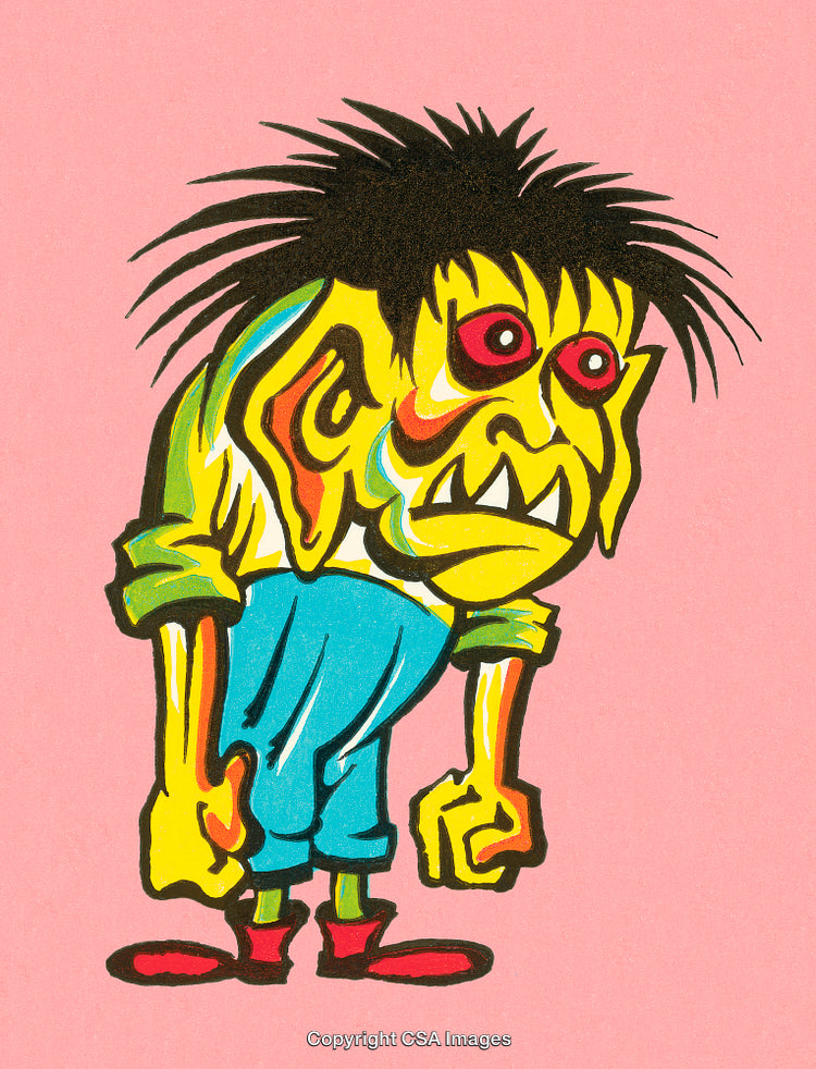 Colorful Cartoon Drawing of a Goblin-Like Figure with Exaggerated Features