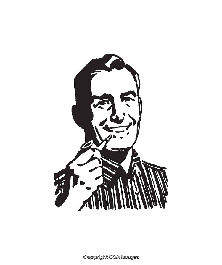 Retro Style Black and White Line Art of Smiling Man with Pipe
