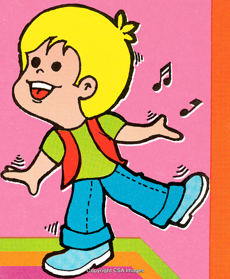 Colorful Cartoon of a Child Dancing Happily With Musical Notes Around