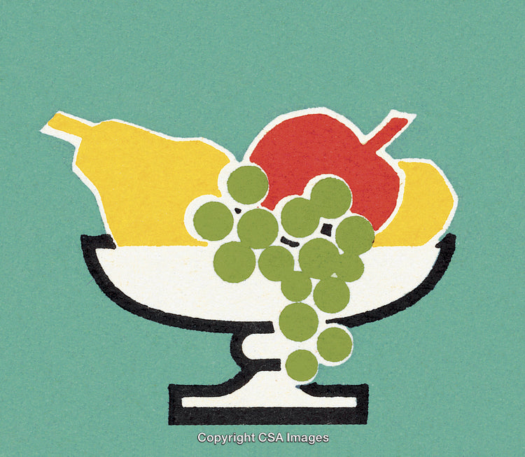 Minimalistic Illustration of Varied Fruits in a Glass Bowl on Green Background