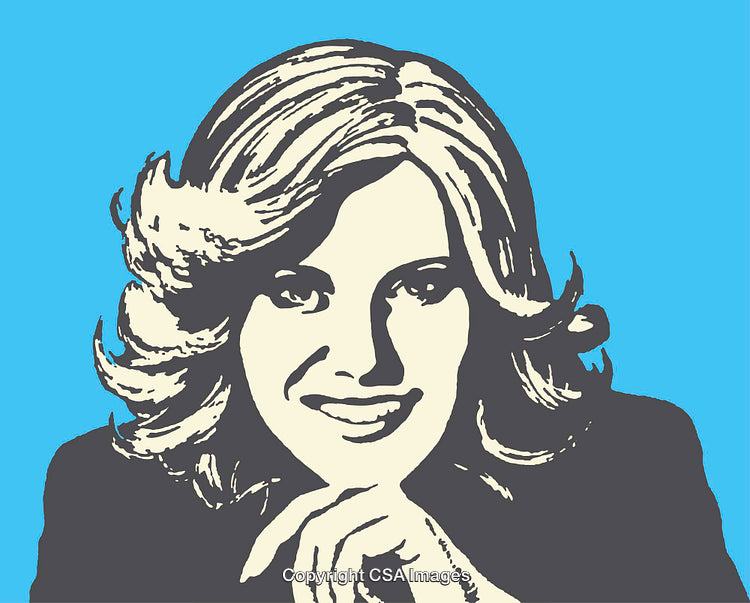 Stylized Pop Art Illustration of Smiling Woman with Retro Hairstyle on Blue Backdrop