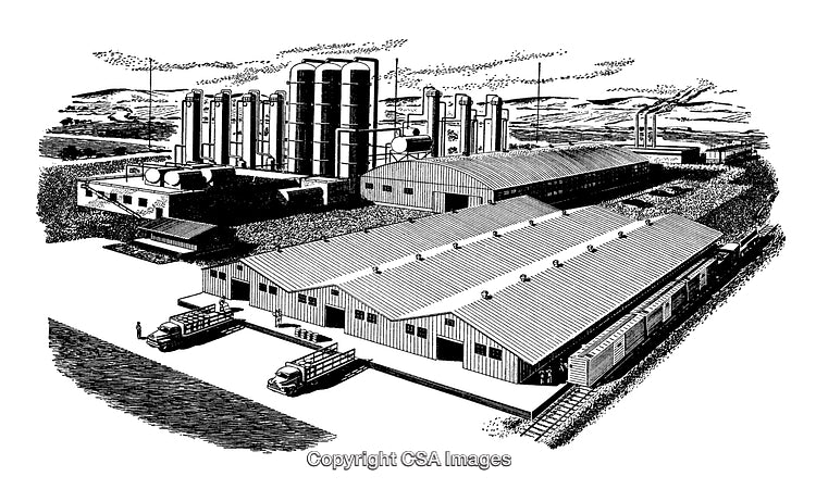 Black And White Engraving of an Industrial Manufacturing Facility