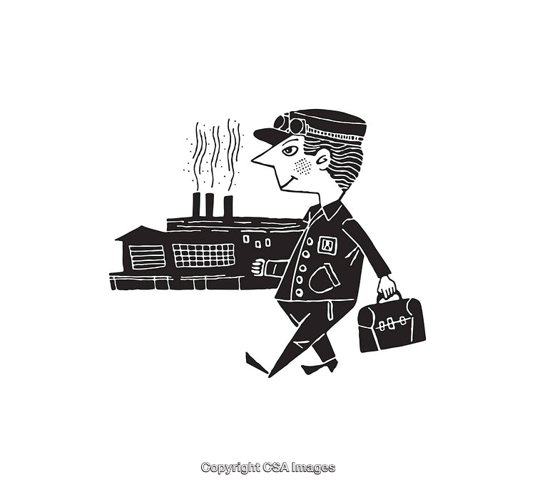 Black and White Illustration of Worker Walking Near a Factory