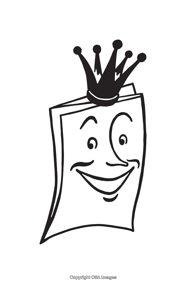 Cartoon Illustration of a Smiling Crowned Book in Black and White Art