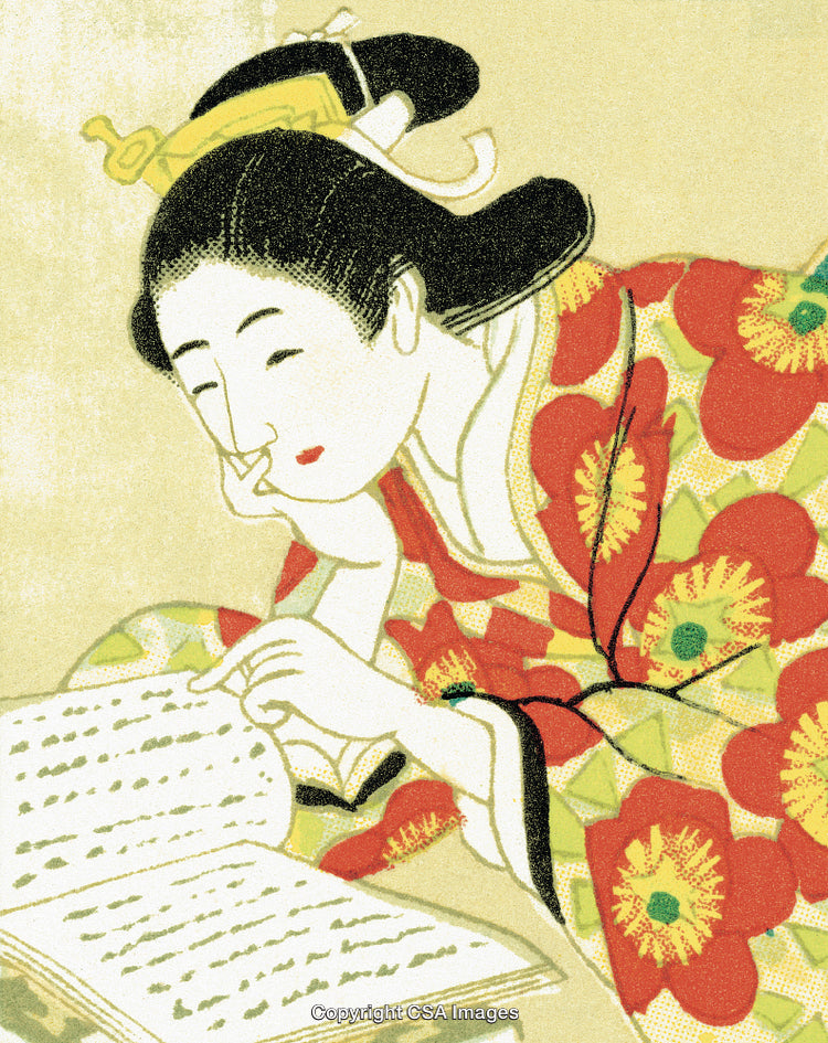 Traditional Japanese Woman Reading a Book Decoratively Dressed in Vibrant Kimono