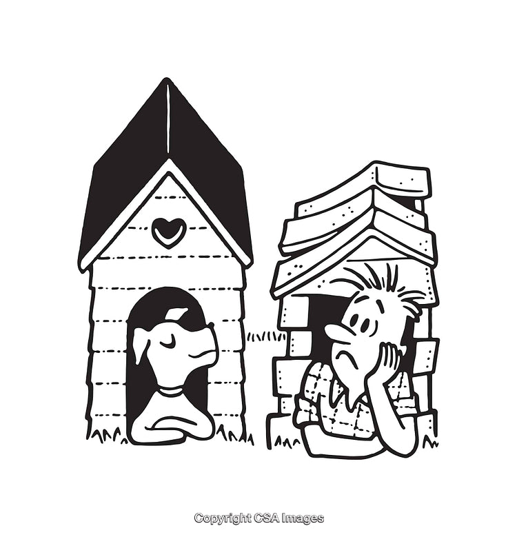 Humorous Black and White Illustration of Man and Dog With Their Houses