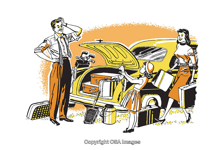 Retro Family Preparing for a Road Trip with Luggage and Vintage Car