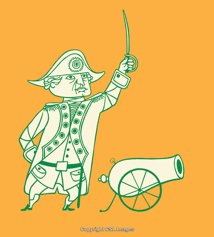 Colonial General Illustration with Sword and Cannon on Bold Background