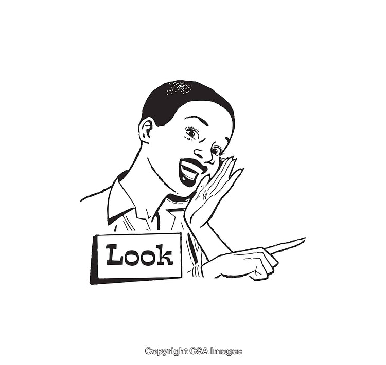 Retro Black and White Illustration of Excited Woman Pointing and Encouraging