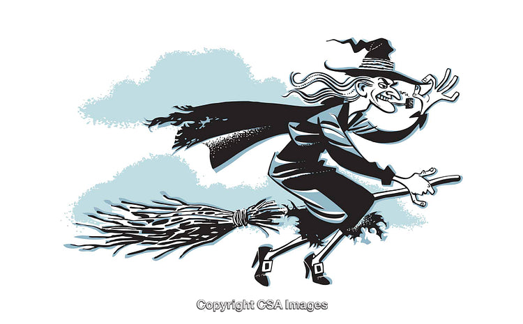 Colorful Illustration of a Witch Flying on a Broomstick in the Sky