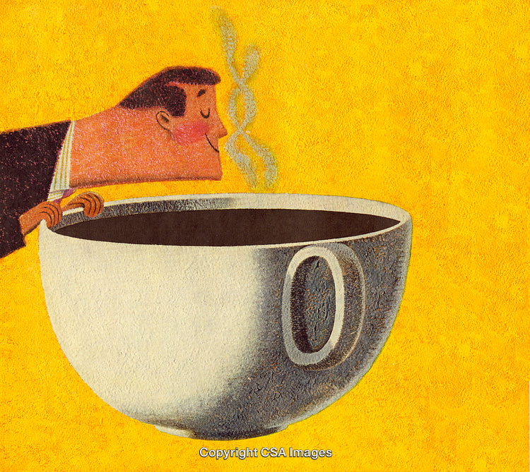 Smiling Man Enjoying the Aroma of a Giant Coffee Cup Against Yellow Background
