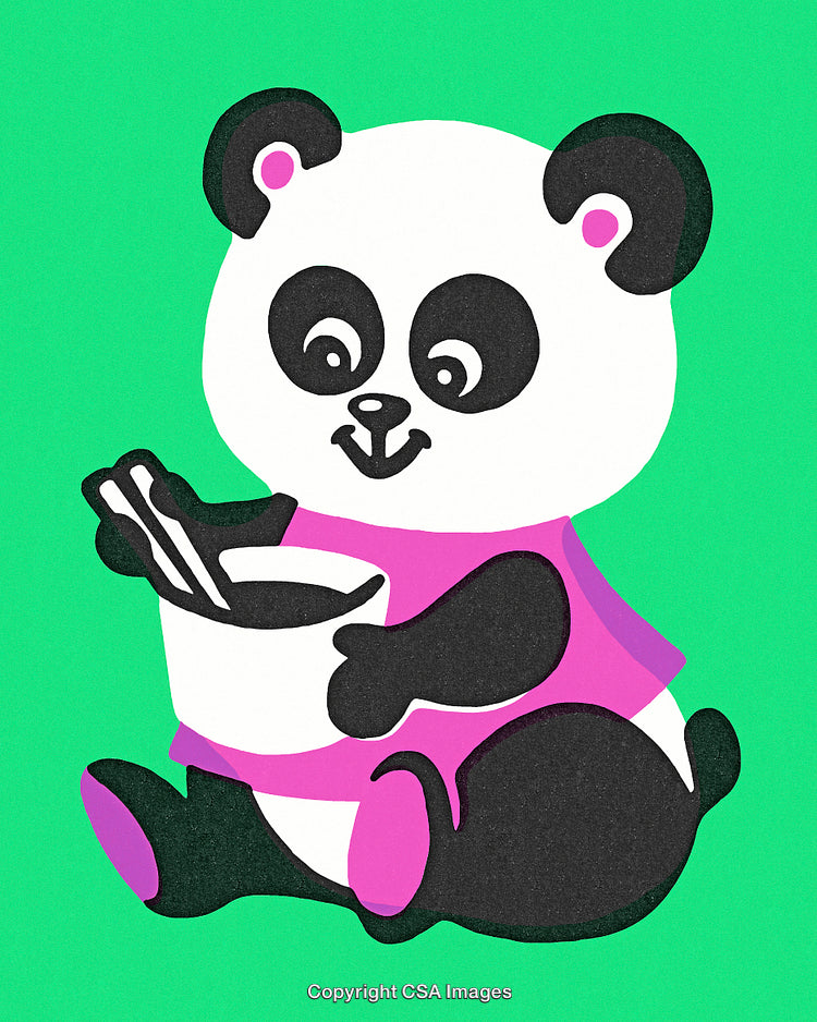 Adorable Cartoon Panda Enjoying a Meal with Chopsticks on a Vibrant Background