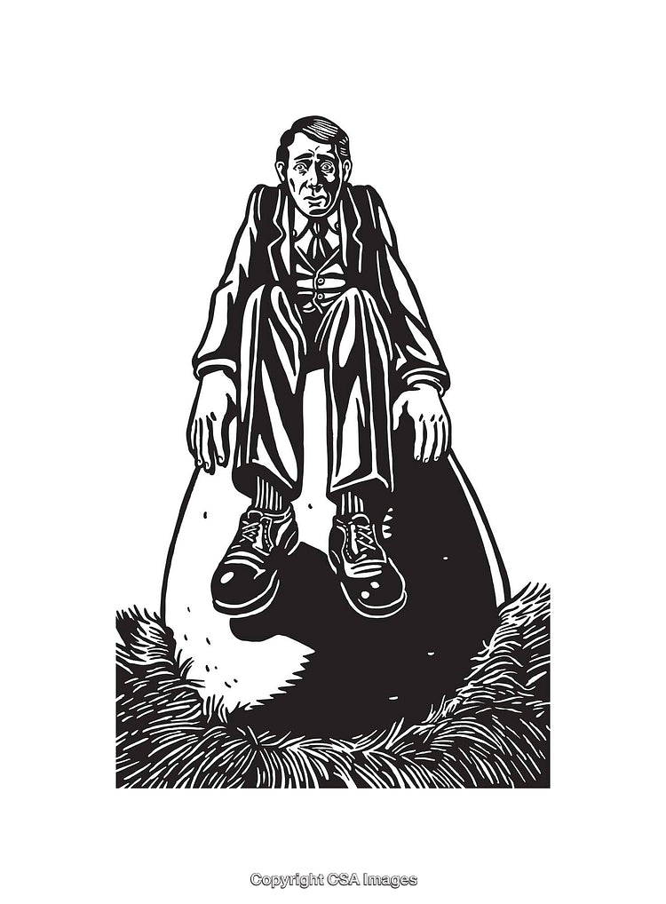 Black and White Illustration of a Man Sitting on a Large Egg