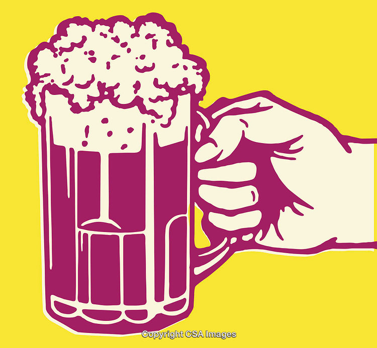 Colorful Line Art of Beer Mug Held by a Hand on Yellow Background